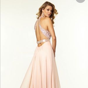 Long V-neck Lace Prom Gown Blush Pink